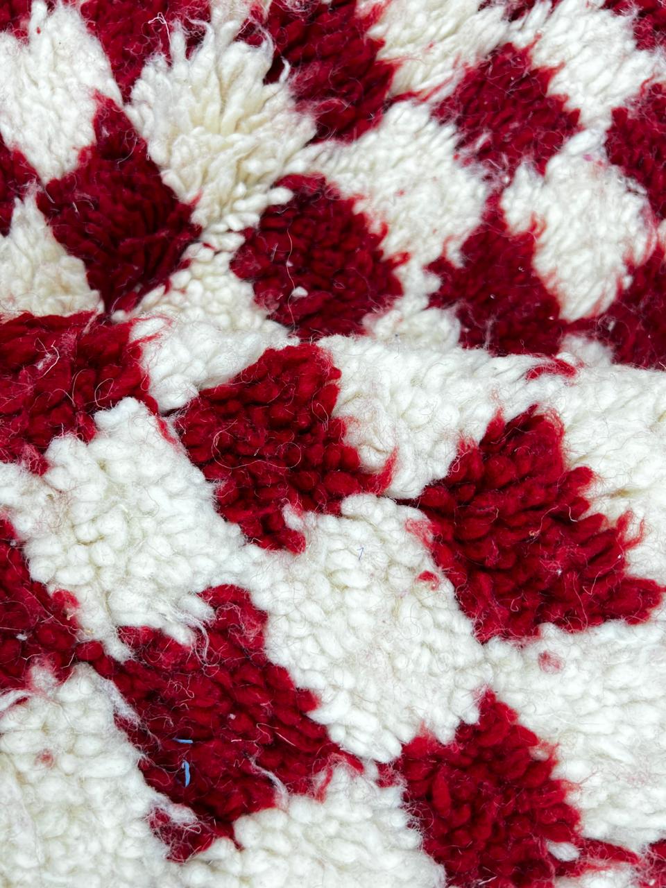 Red and cream Moroccan wool rug with handmade checkered pattern