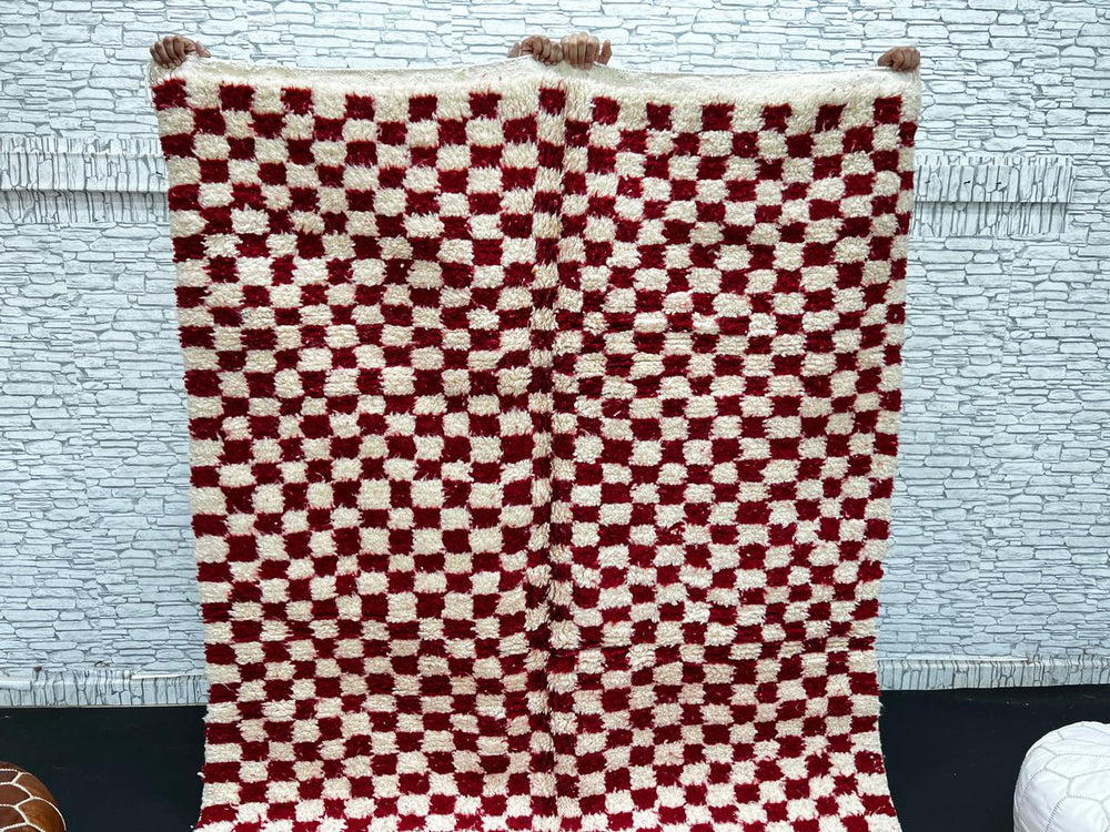 Red and cream Moroccan wool rug with handmade checkered pattern