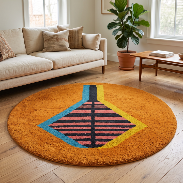 Round Moroccan Berber wool rug with abstract geometric motif, handmade by artisans.