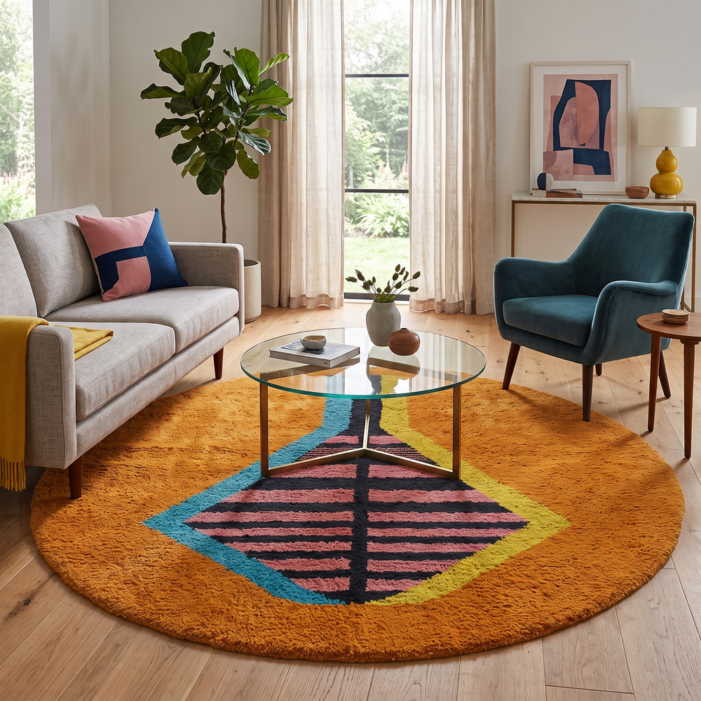 Round Moroccan Berber wool rug with abstract geometric motif, handmade by artisans.