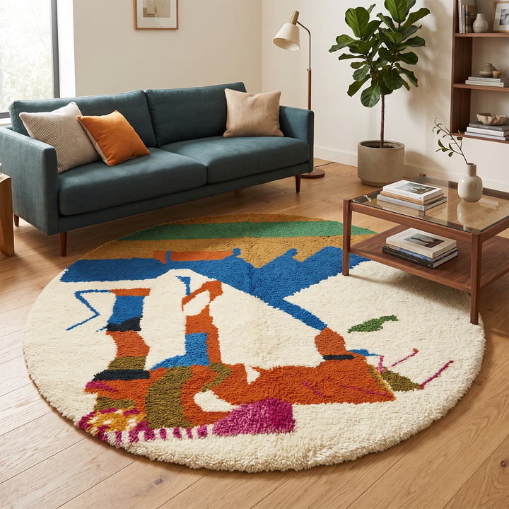 Round abstract Moroccan wool rug with blue, orange, green, and white modern design