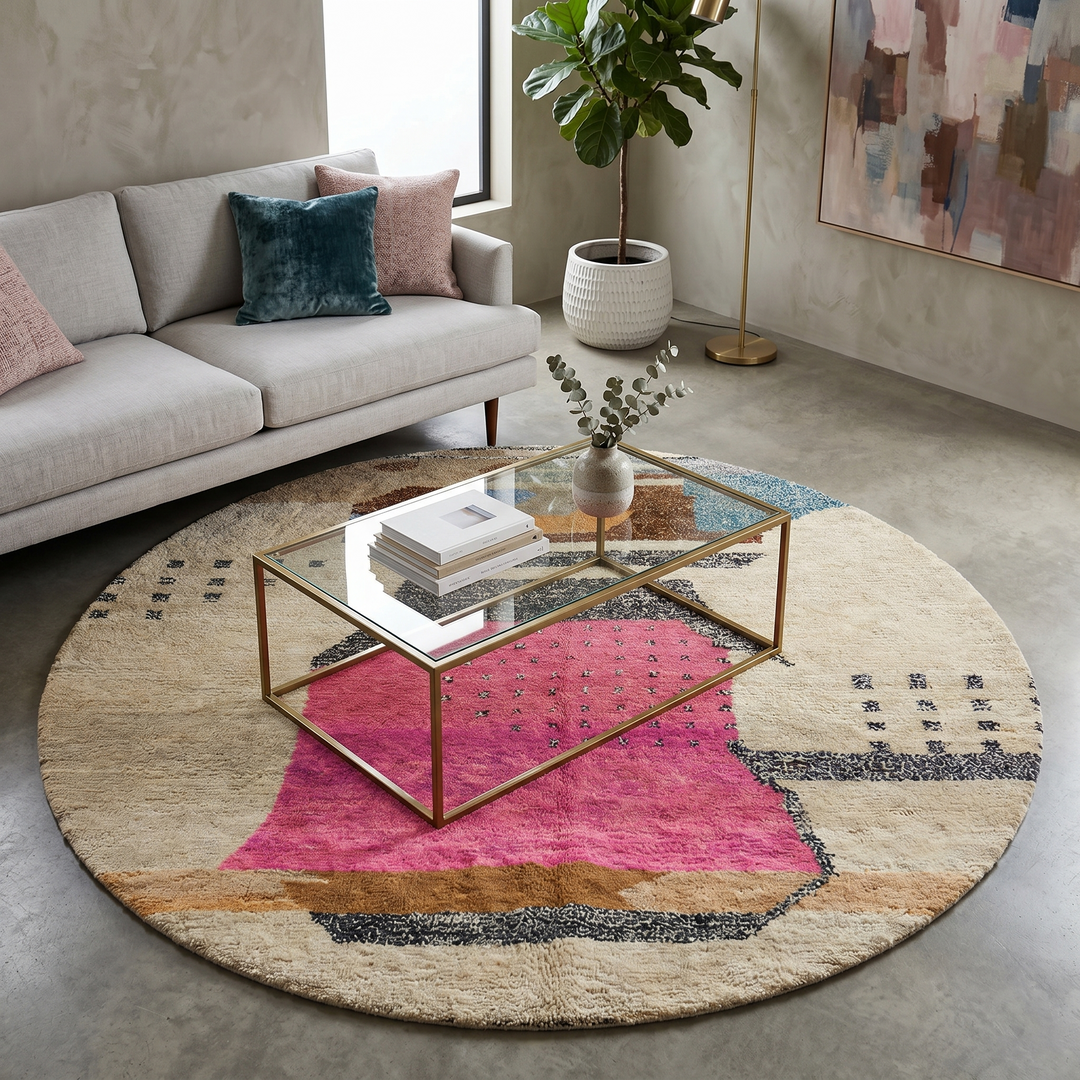 Round handmade Moroccan wool rug with abstract artistic design in pink, blue, caramel and neutral tones