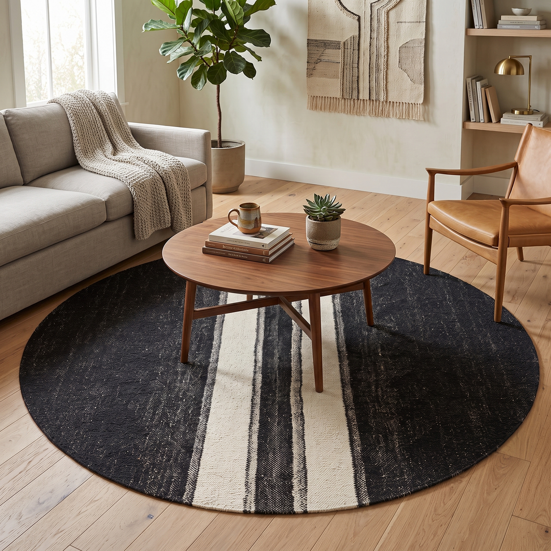 Round black and white flat-woven Moroccan rug.