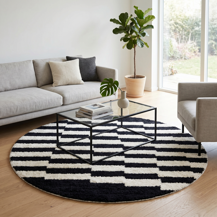 Round black and white Moroccan wool rug with handmade Berber geometric pattern on a clean white background