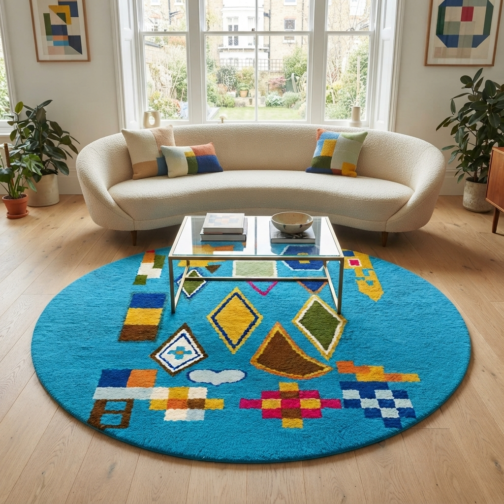 Round blue Moroccan wool rug with colorful Berber geometric patterns