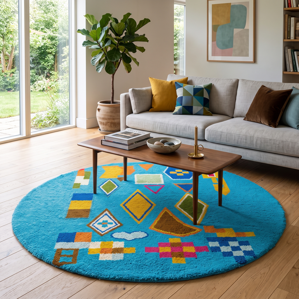 Round blue Moroccan wool rug with colorful Berber geometric patterns