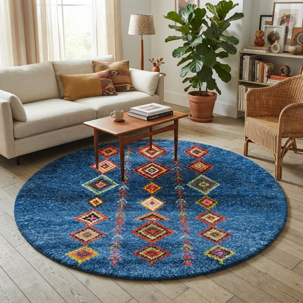 Round blue Moroccan rug with colorful Berber diamond motifs, handmade wool design