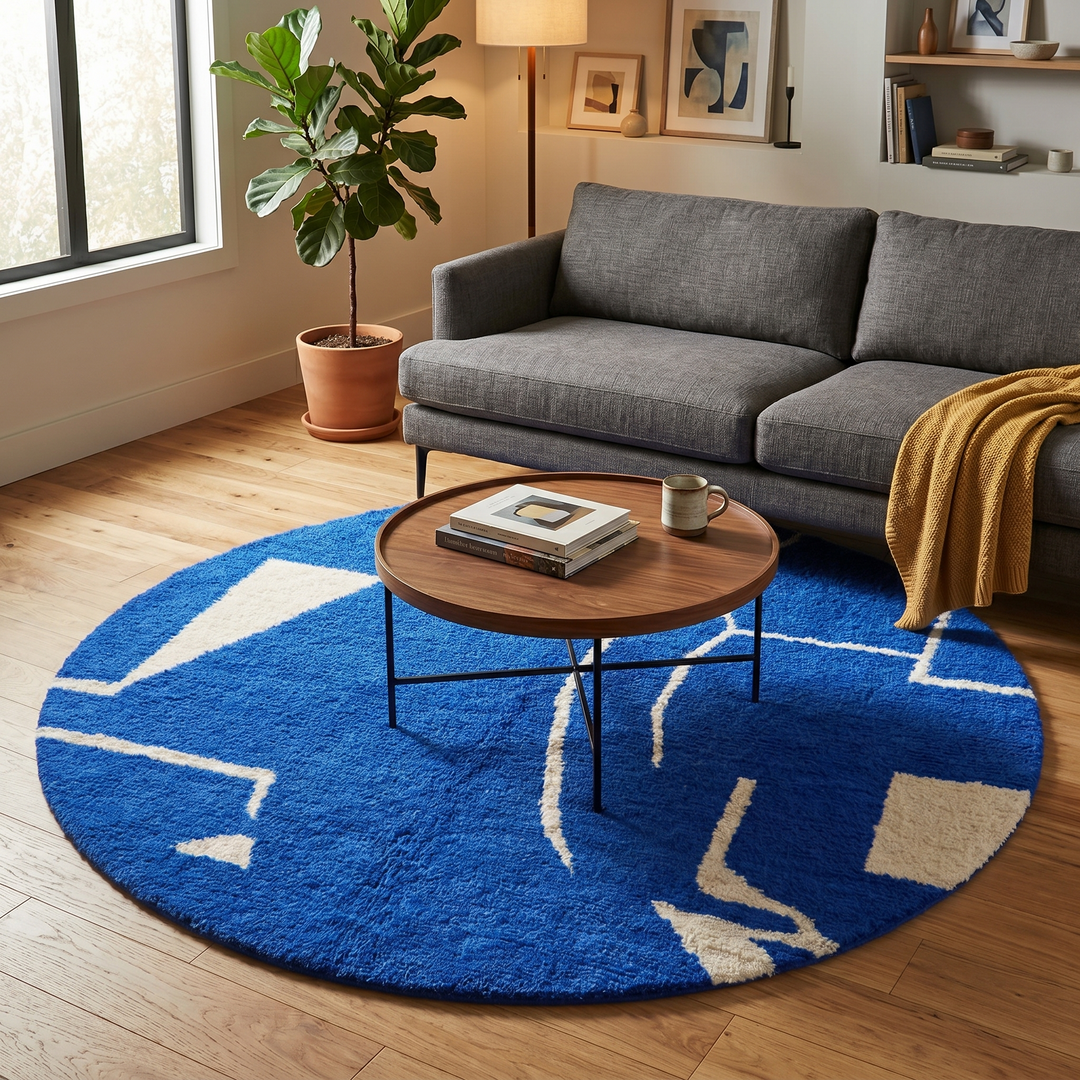 Round handmade Moroccan wool rug featuring a rich cobalt blue background with abstract ivory geometric and linear Berber-inspired patterns.