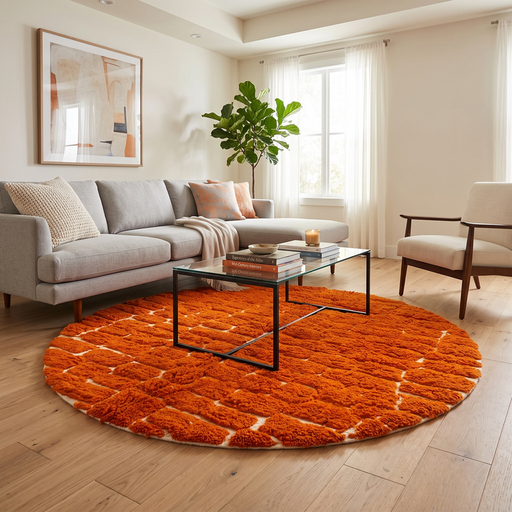 Round orange Moroccan wool shag rug with textured handwoven pattern on white background