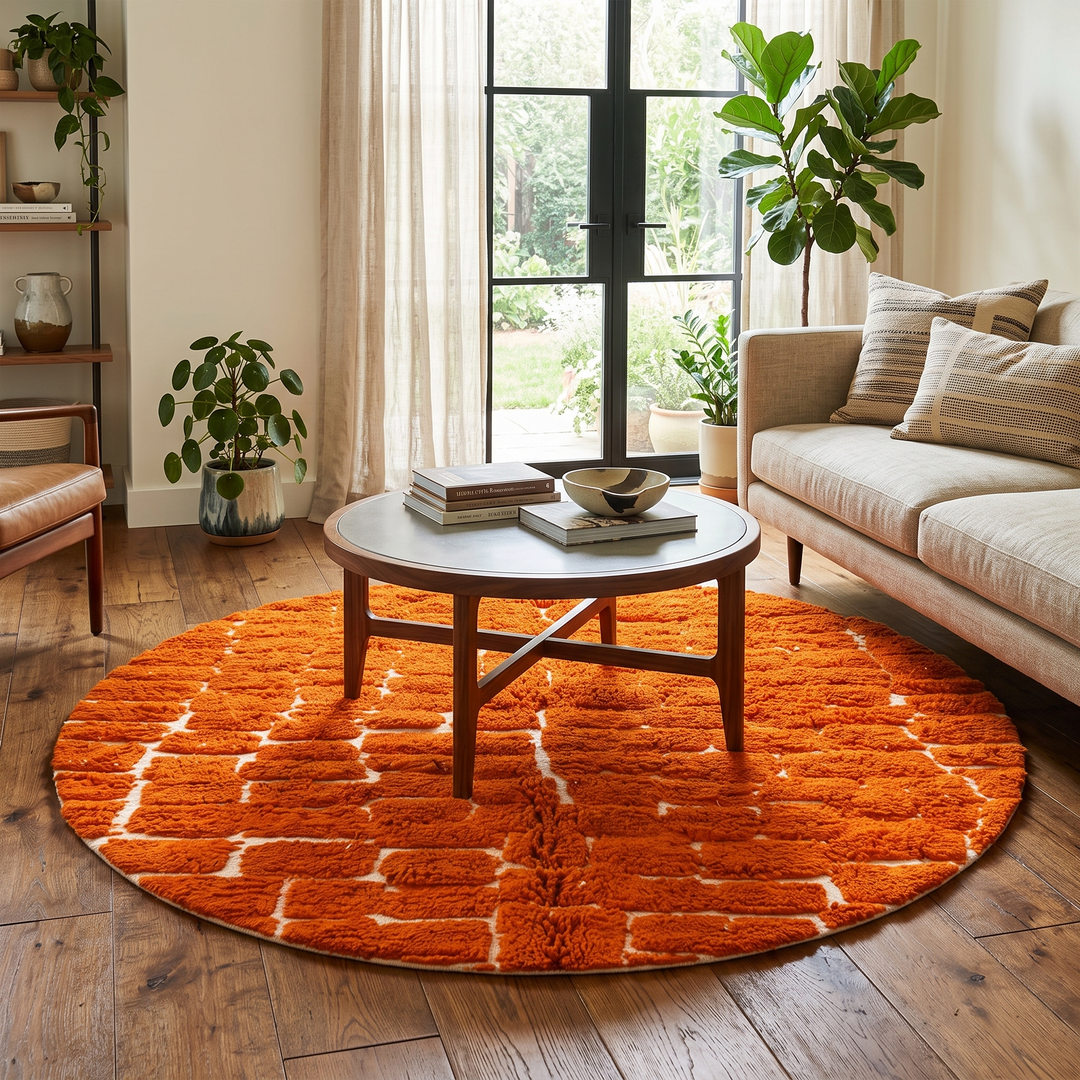 Round orange Moroccan wool shag rug with textured handwoven pattern on white background