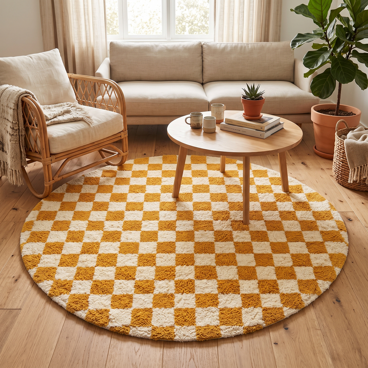 Handmade orange and white checkered Moroccan wool rug