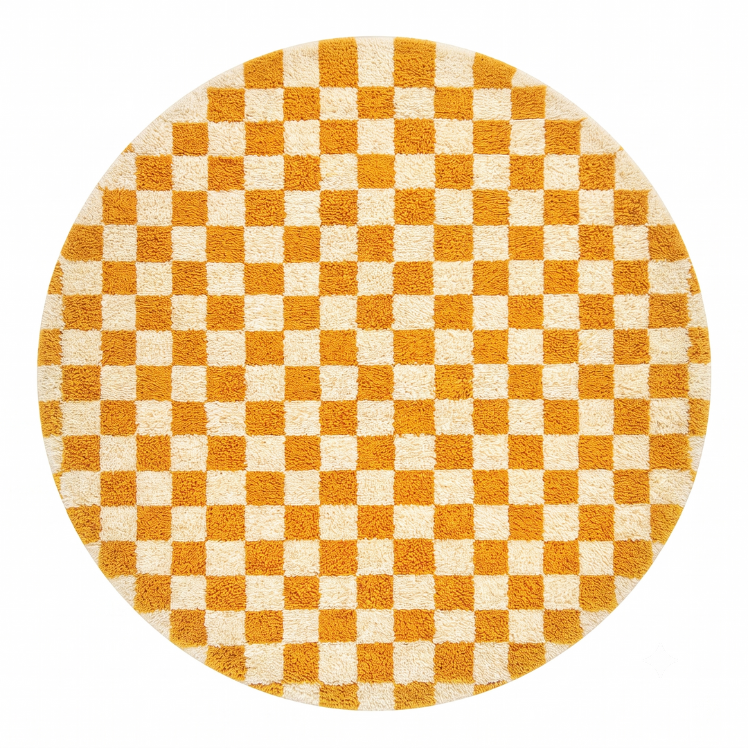 Handmade orange and white checkered Moroccan wool rug