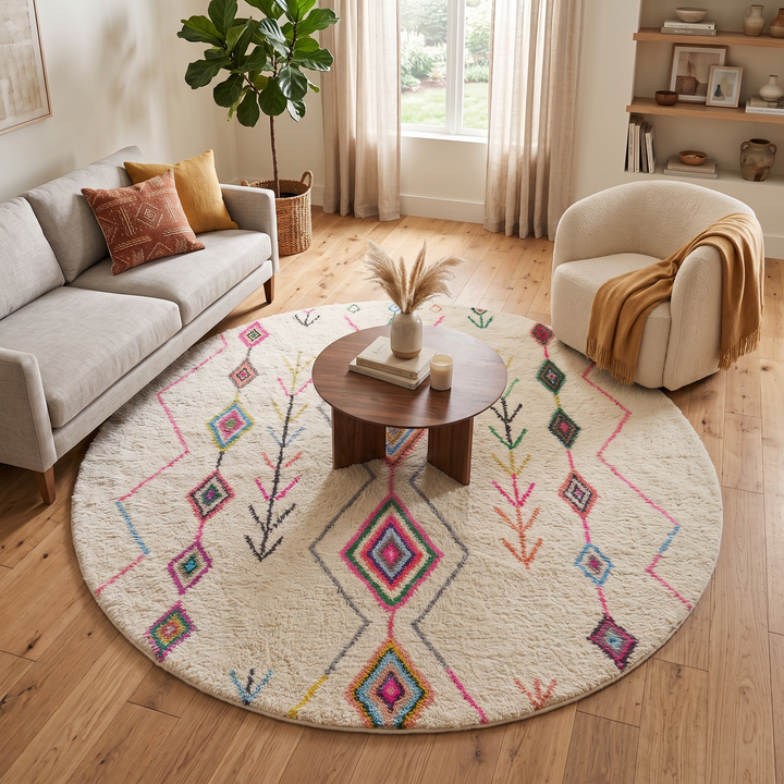 Round white Moroccan wool rug with colorful Berber diamond and arrow patterns