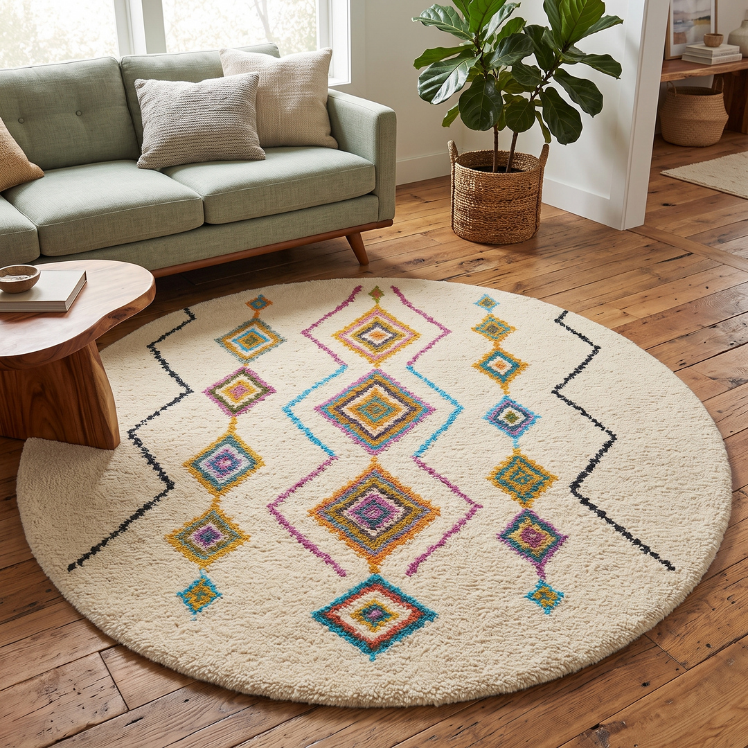 Round white Moroccan rug with multicolor Berber diamond patterns