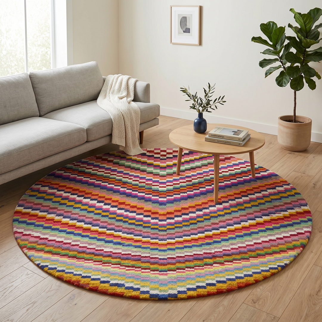 Round colorful Moroccan wool rug with abstract Berber pattern in pink, blue, green, yellow and ivory tones