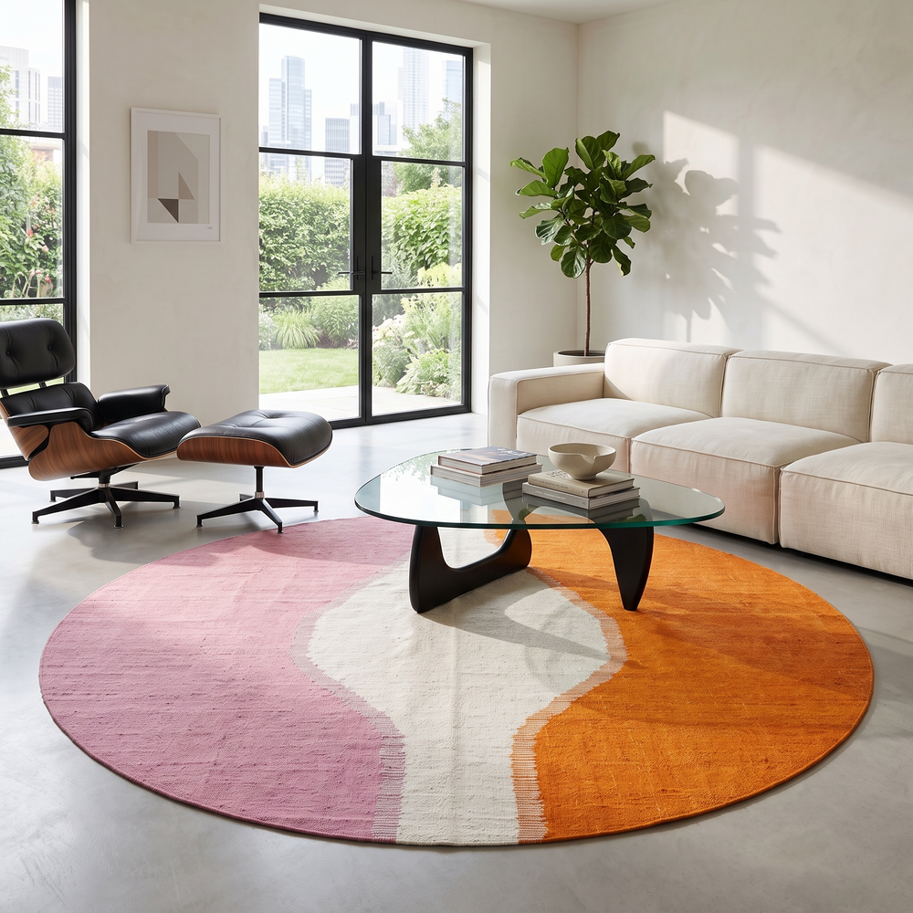 Artistic flat-weave round Moroccan wool rug in mauve, ivory, and orange tones