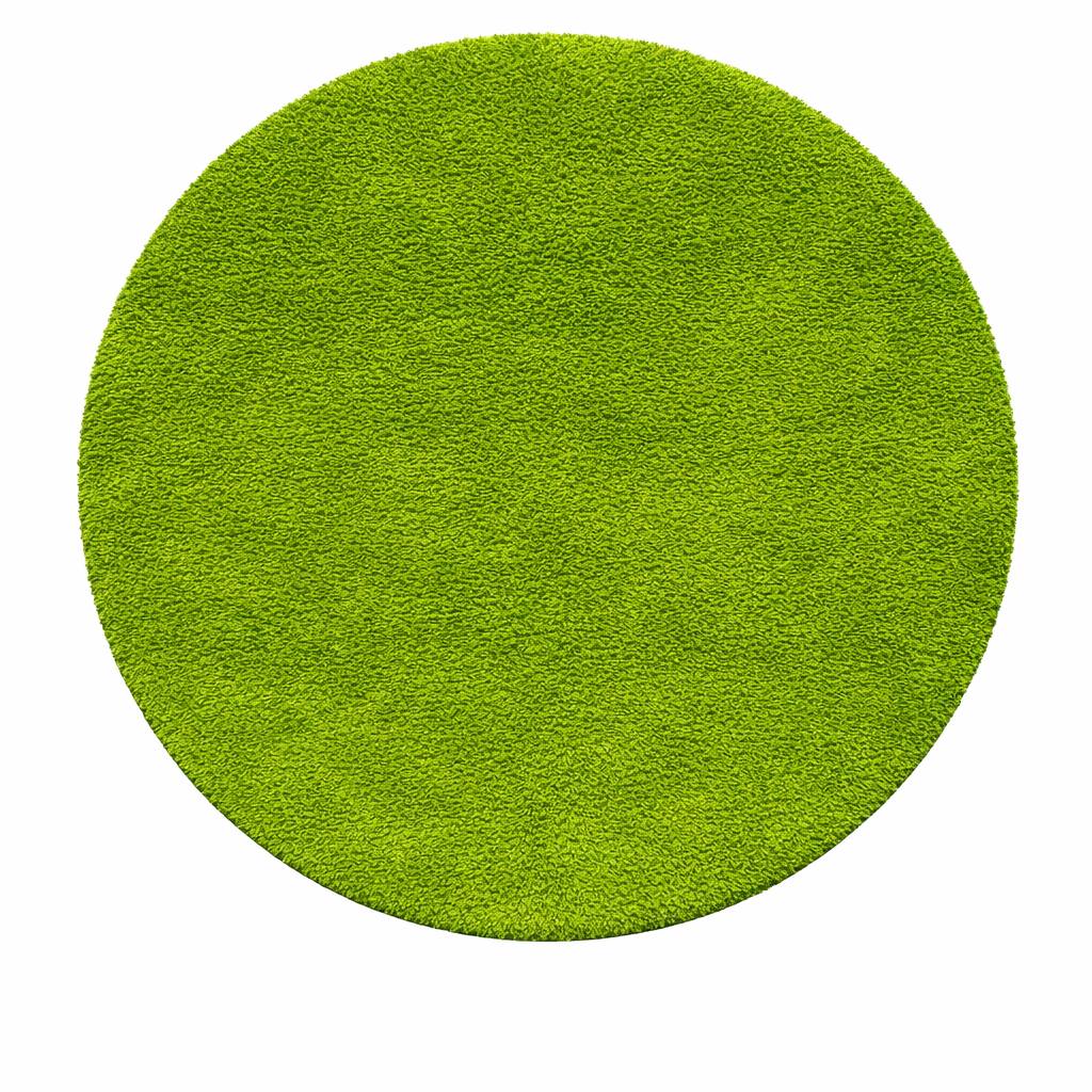 Round handmade Moroccan wool rug in a vibrant green shade, featuring a plush high-pile shag texture and minimalist solid-color design. Circular shape with a soft, cozy surface, perfect for modern