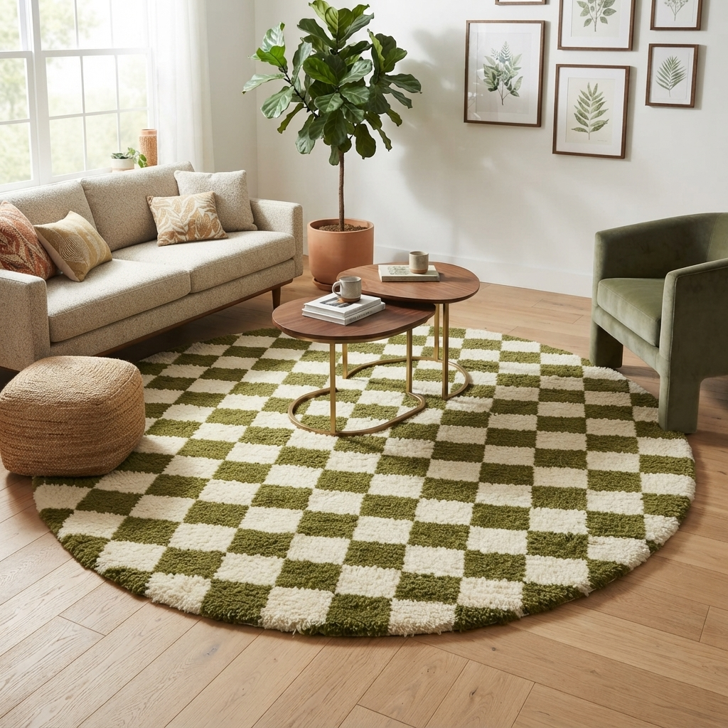 Round Moroccan rug with green and white checkerboard pattern