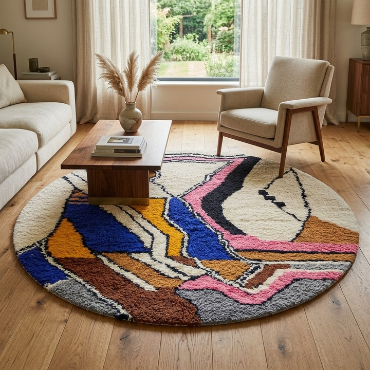 Round Moroccan wool rug with colorful abstract artistic pattern on a cream base
