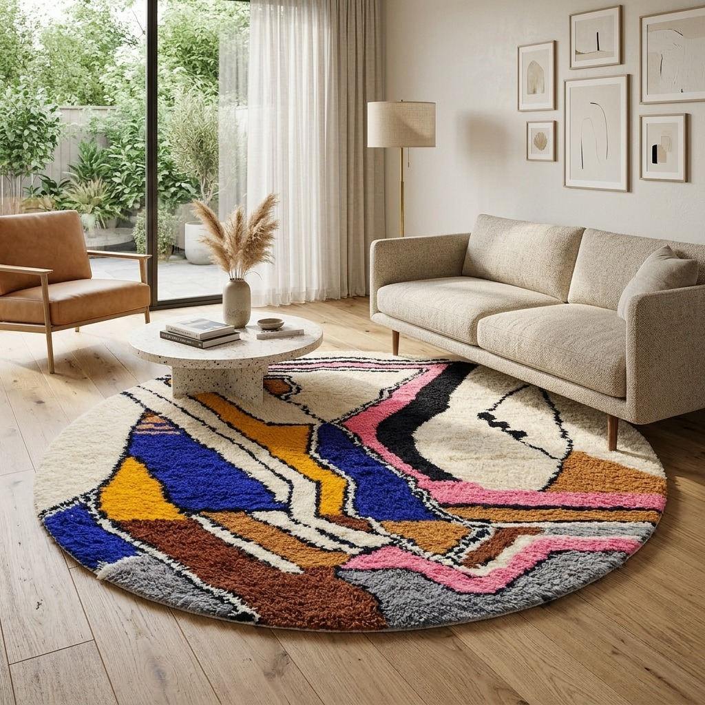 Round Moroccan wool rug with colorful abstract artistic pattern on a cream base
