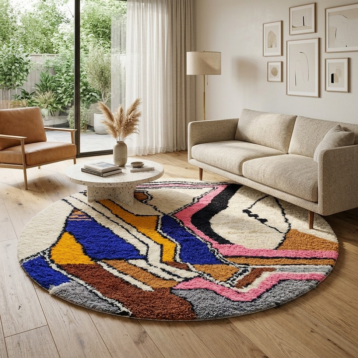 Round Moroccan wool rug with colorful abstract artistic pattern on a cream base