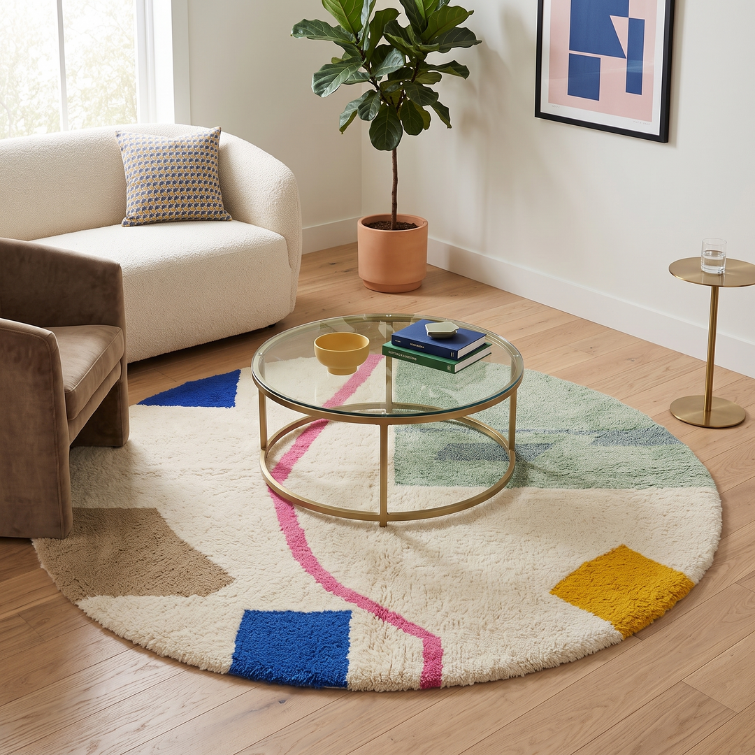 Round modern Moroccan wool rug with abstract pastel shapes and pink center line