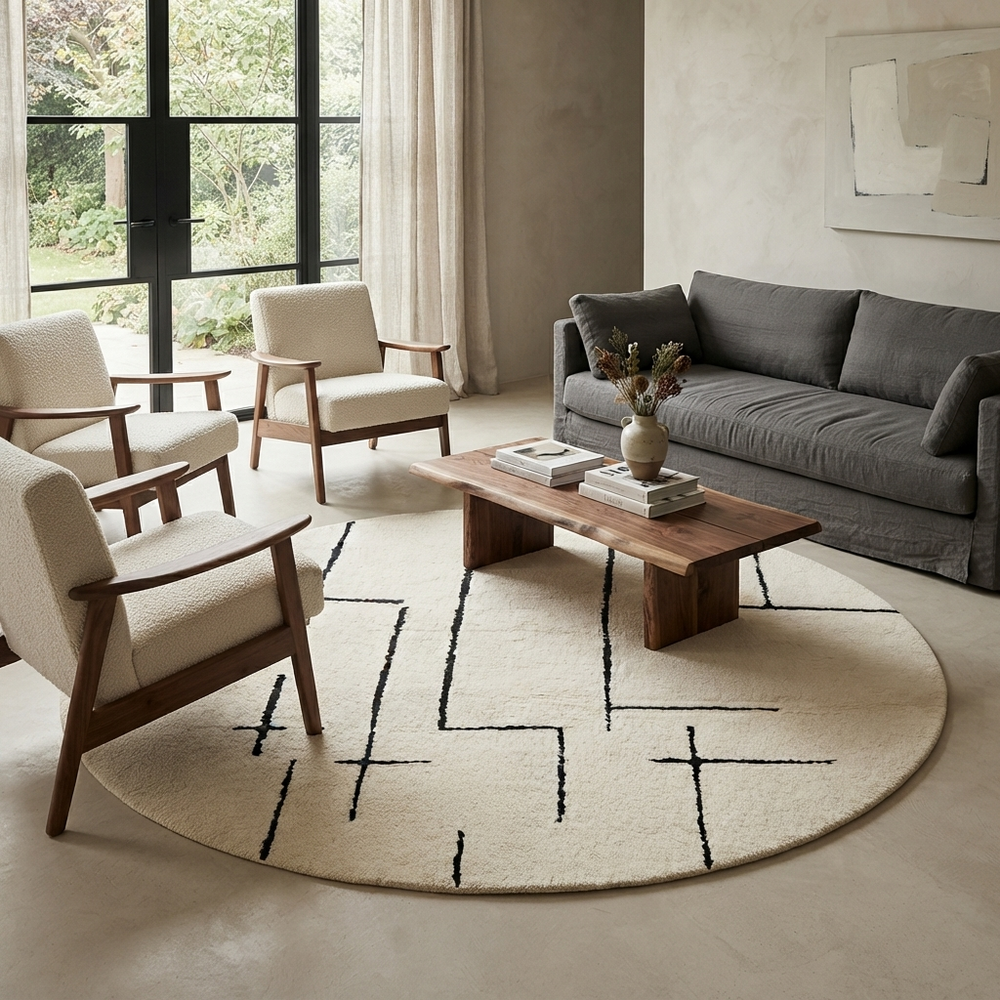 Round Moroccan rug with minimalist black abstract line pattern on a cream-white wool base