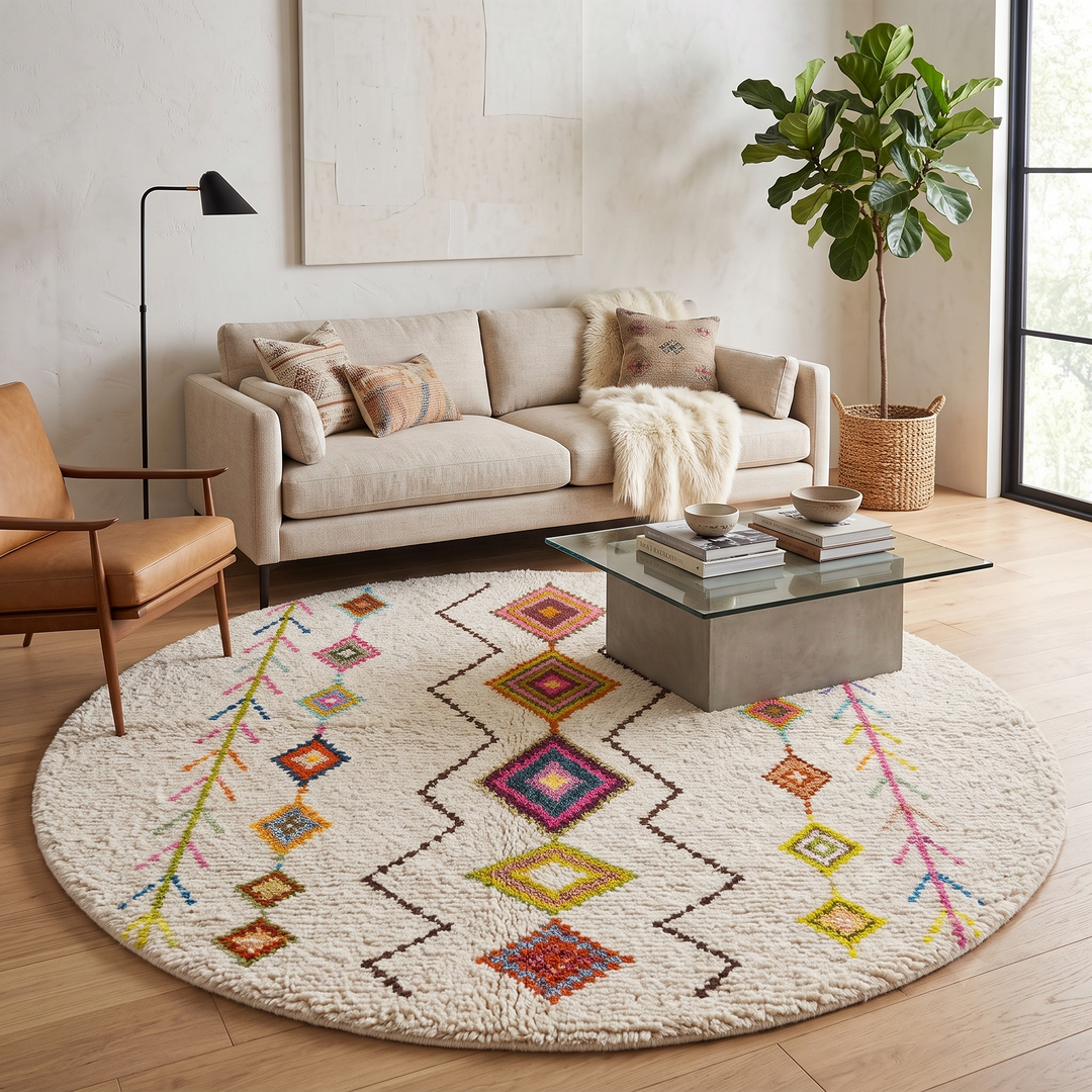 Round colorful Moroccan Berber rug with multicolor diamond motifs on a cream-white wool base