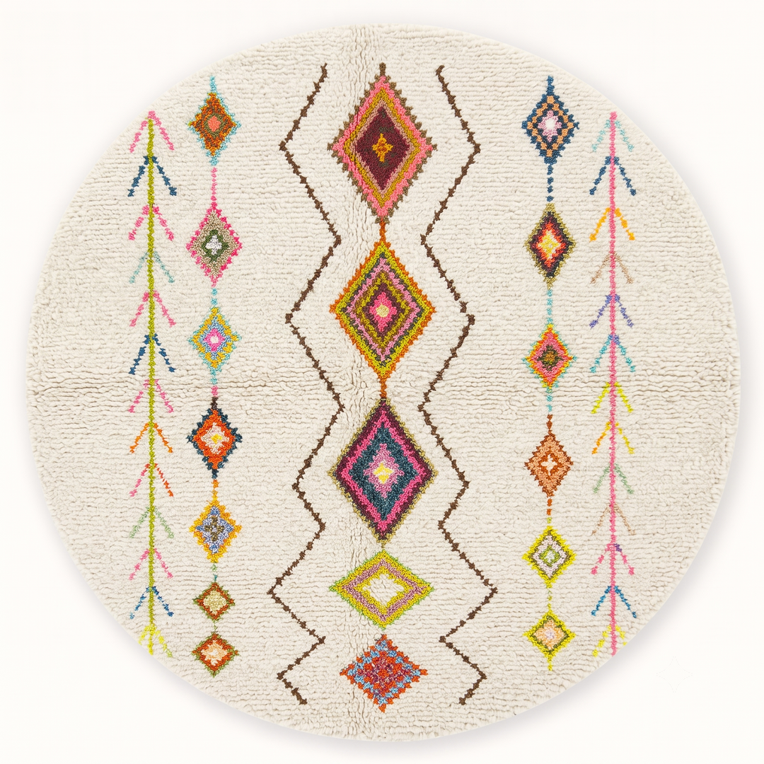 Round colorful Moroccan Berber rug with multicolor diamond motifs on a cream-white wool base