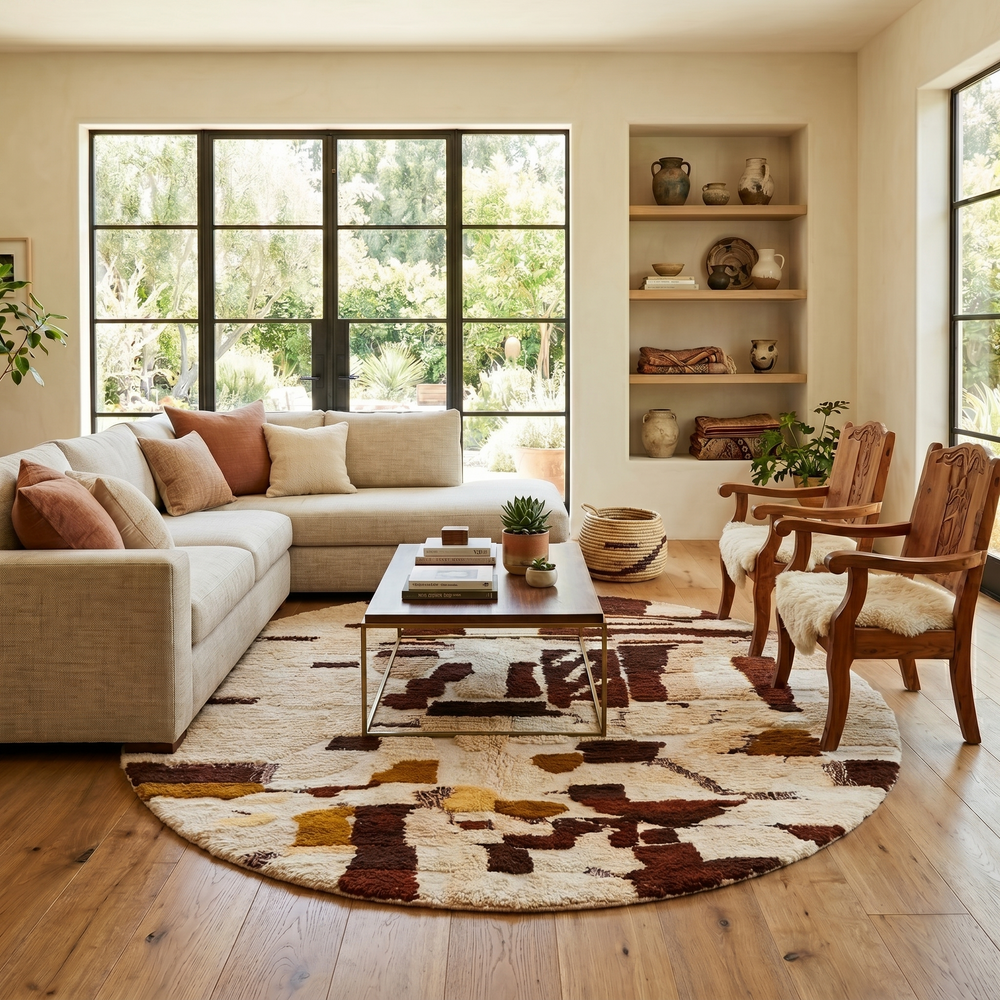 Round handmade Moroccan Berber rug in ivory and brown earth tones