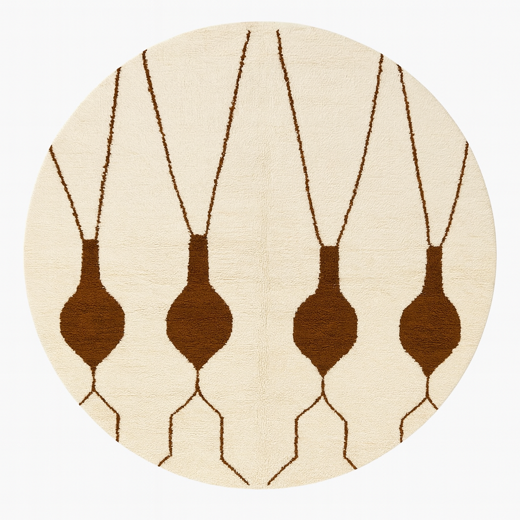 Round Moroccan Berber rug with white wool base and brown hanging geometric motifs, handmade wool carpet