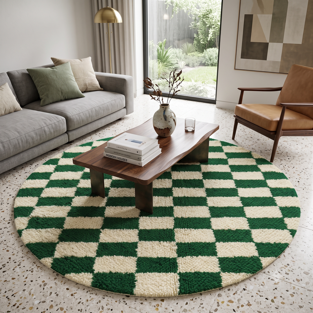 Round Moroccan wool rug with green and white checkerboard design, handmade checkered carpet