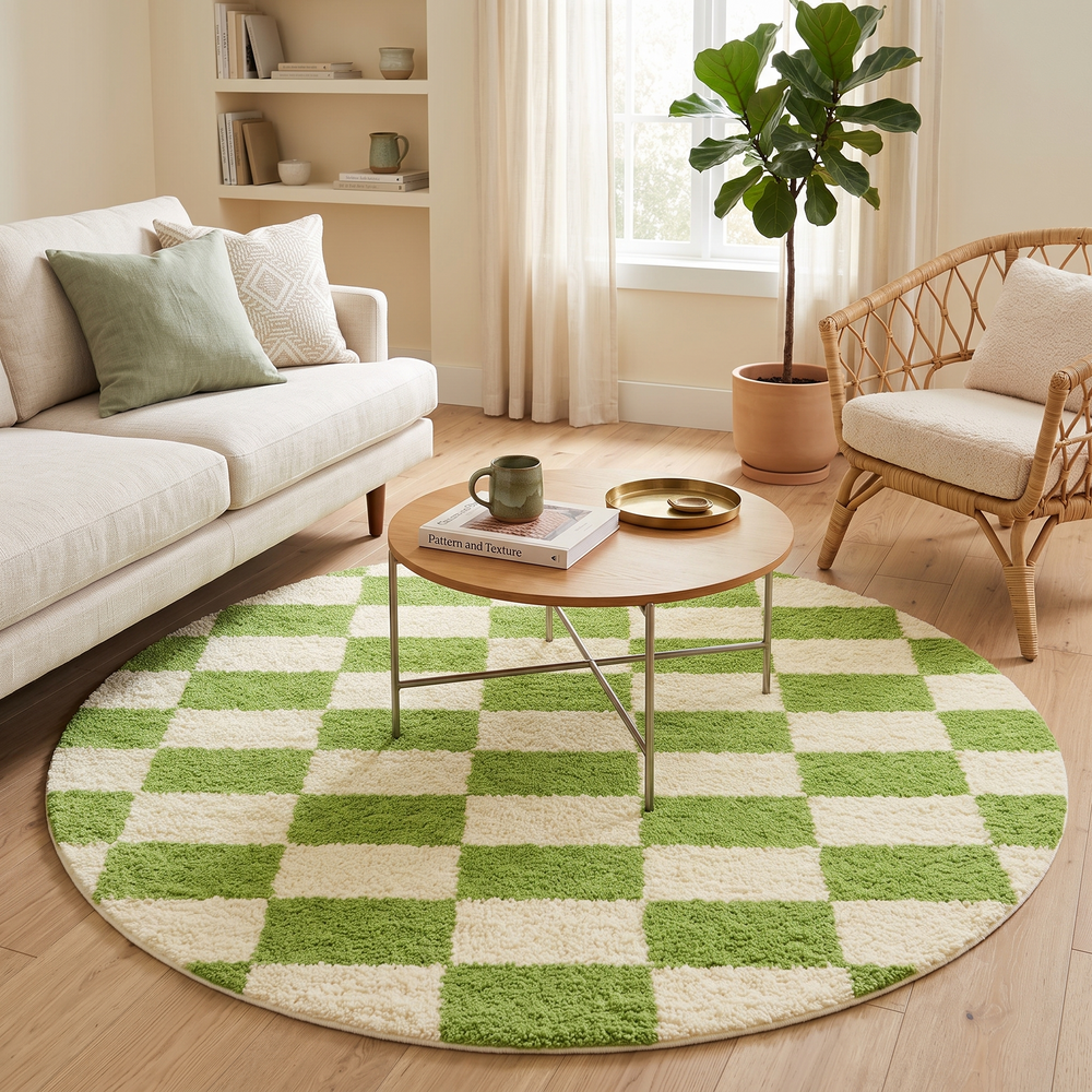 Round Moroccan wool rug with green and white checkered pattern, handmade plush checkerboard carpet