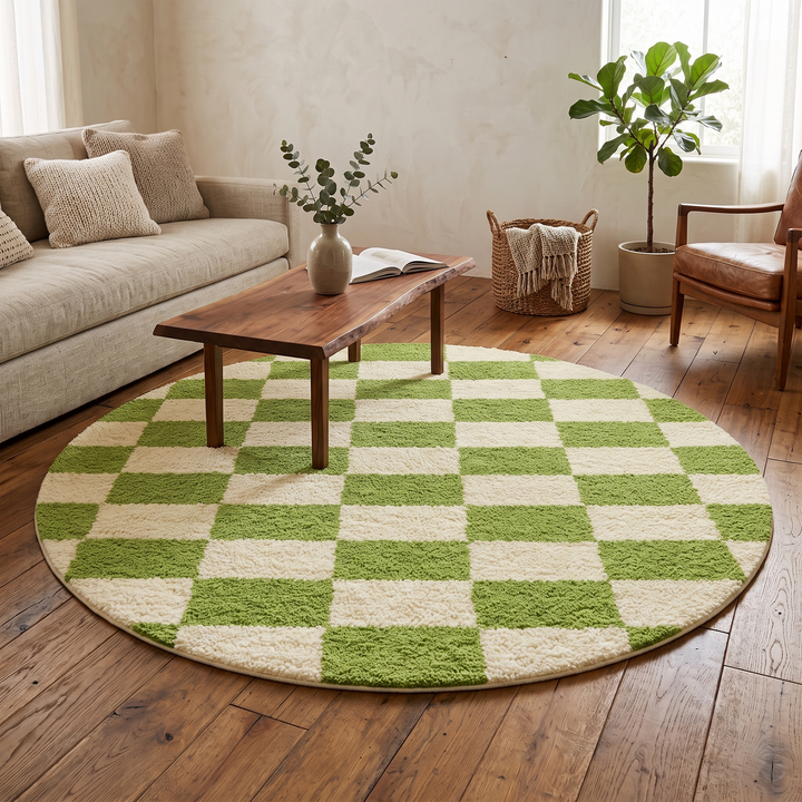 Round Moroccan wool rug with green and white checkered pattern, handmade plush checkerboard carpet