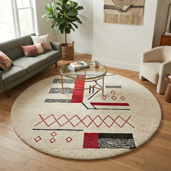 Round Moroccan rug with red and black geometric Berber motifs on a white wool base