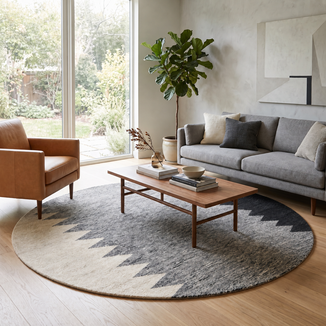 Handmade round Moroccan kilim rug with flatweave construction, featuring a black, and white zigzag geometric pattern.