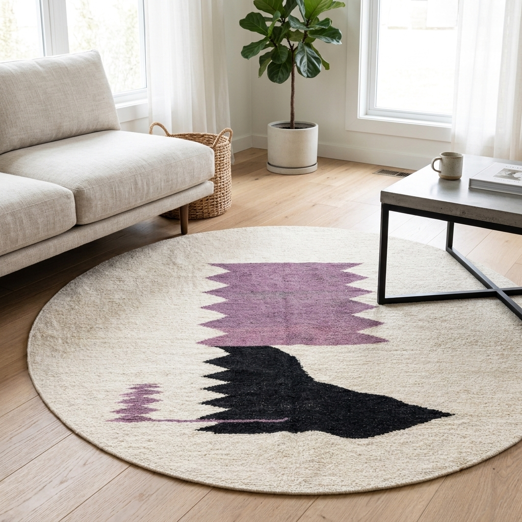 Handmade round Moroccan kilim rug with flatweave design, featuring an white wool base with abstract purple zigzag and black geometric motif.