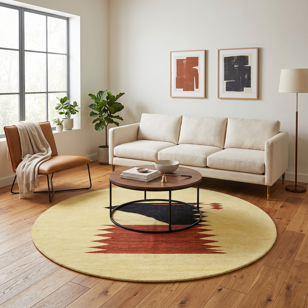 Handmade round Moroccan kilim rug with flatweave construction, featuring a warm yellow base and a minimalist abstract motif in black and rust tones.