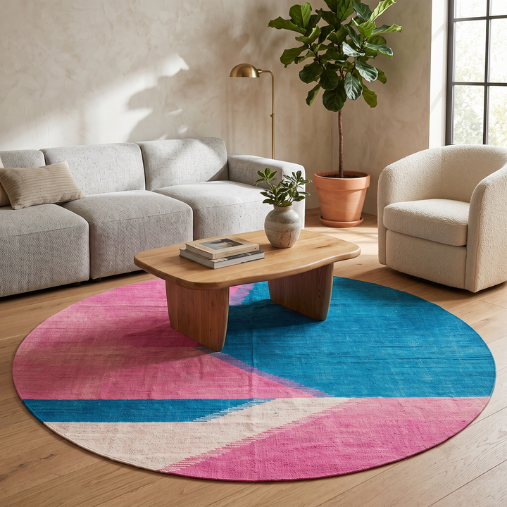 Handmade round Moroccan kilim rug with flatweave design, featuring modern pink and blue color blocks with white accents.