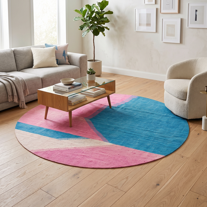 Handmade round Moroccan kilim rug with flatweave design, featuring modern pink and blue color blocks with white accents.