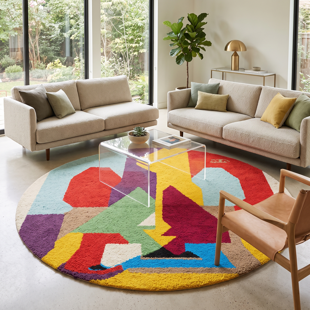 Round colorful Moroccan wool rug with abstract geometric shapes in red, yellow, blue, green, purple, and white