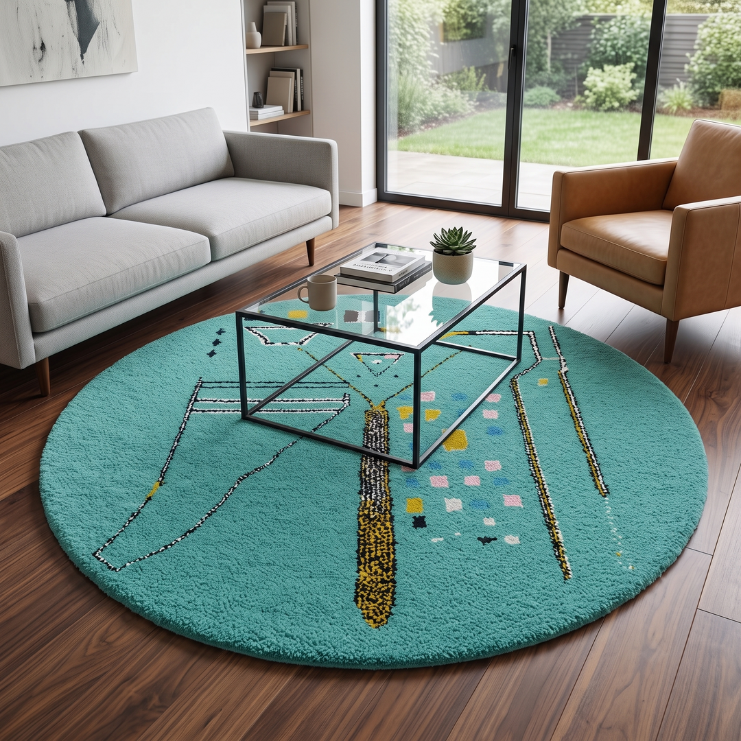 Handmade turquoise Moroccan round rug with modern abstract Berber design