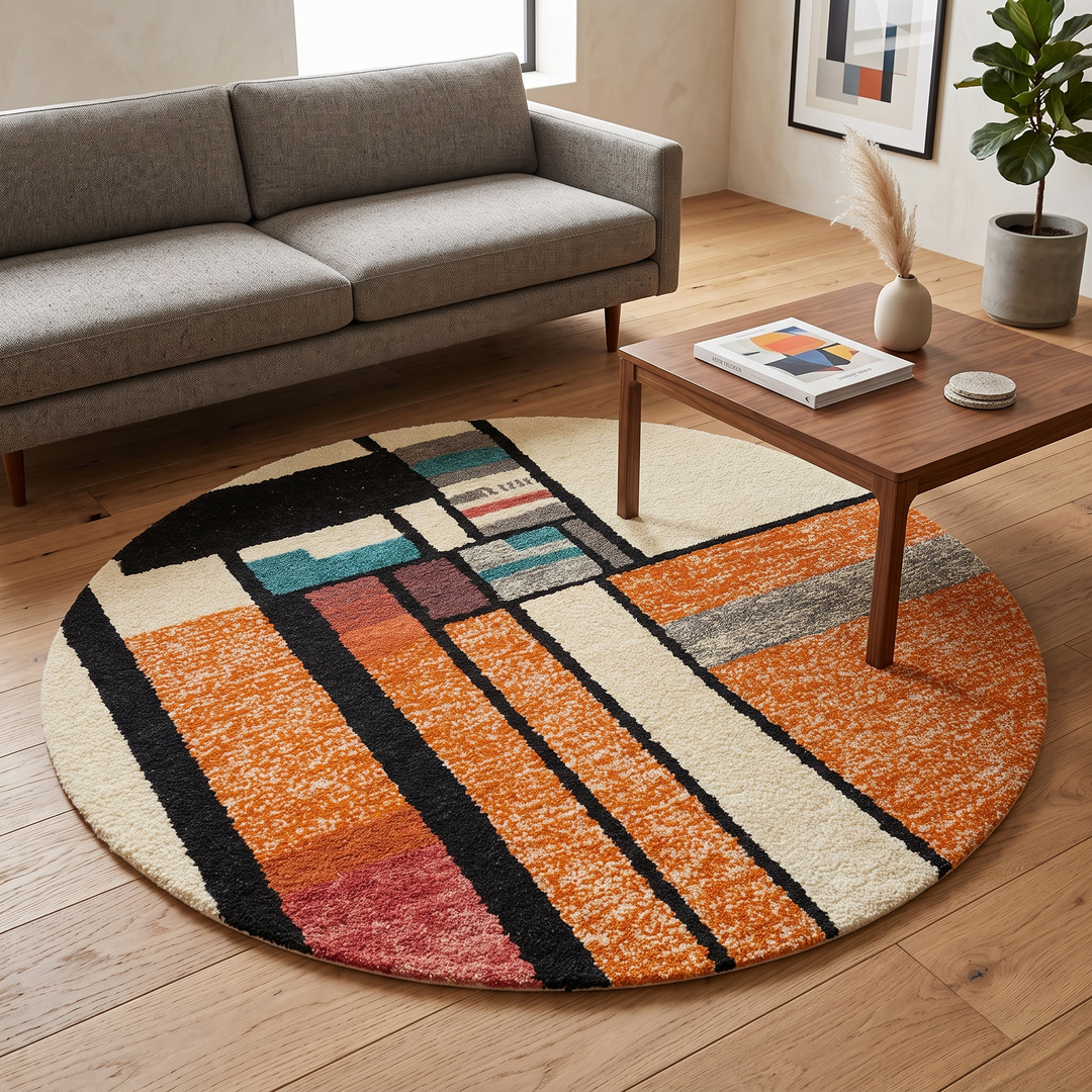 Round Moroccan rug with modern abstract geometric pattern in orange, white, black, teal, grey and rust tones, handmade wool design