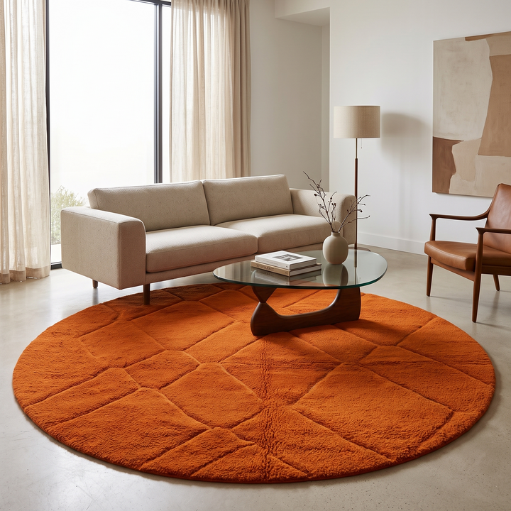 Round Moroccan rug in vibrant orange wool with carved diamond geometric pattern, handmade