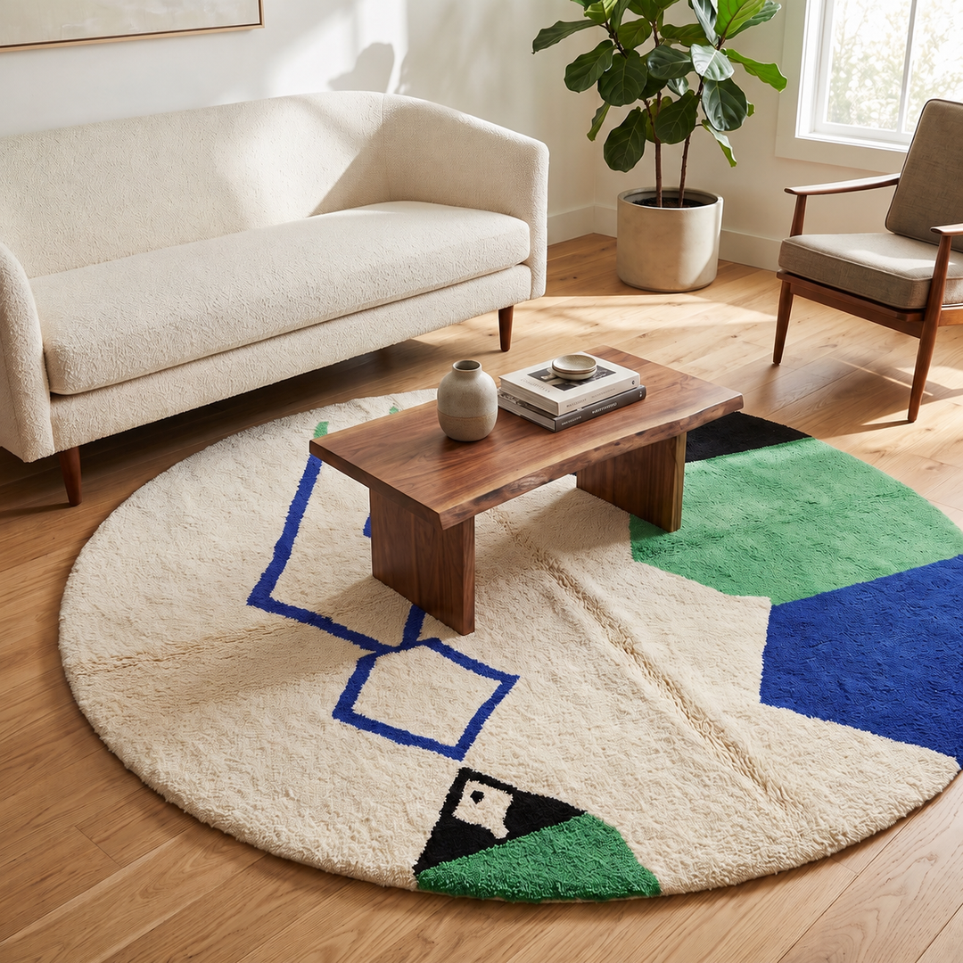 Round Moroccan rug with white wool base and abstract blue, green, and black motifs, handmade geometric carpet