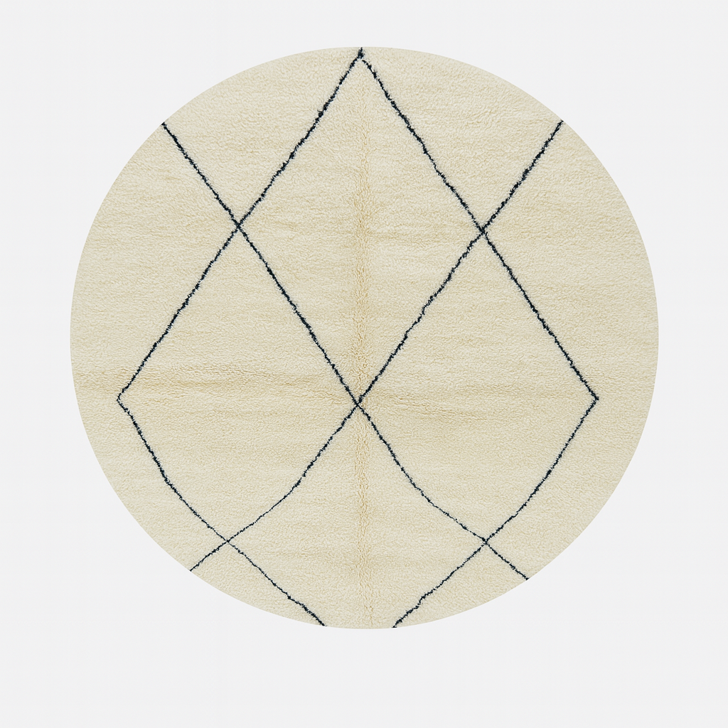 Round Moroccan wool rug in natural ivory with a minimalist black diamond lattice pattern, handwoven in a soft.