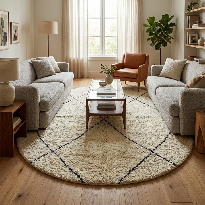 Round Moroccan wool rug in natural ivory with a minimalist black diamond lattice pattern, handwoven in a soft.