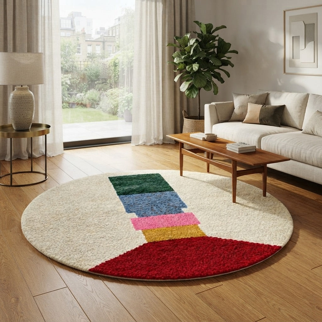 Round Moroccan wool rug with abstract vertical design
