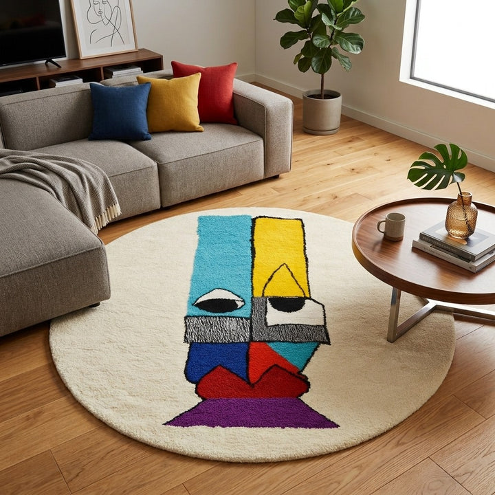 Colorful round Moroccan rug with symbolic Berber design