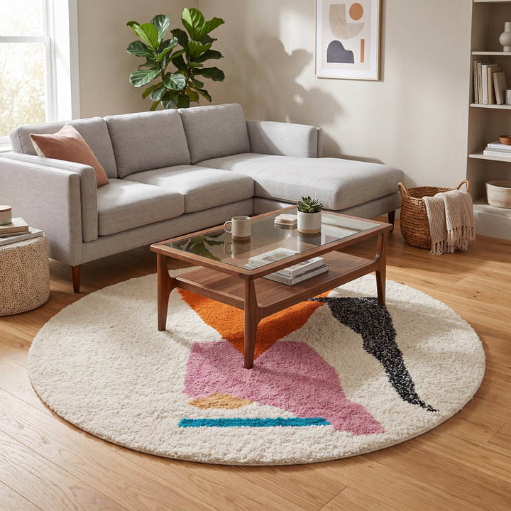 Handmade round Moroccan wool rug with abstract modern design on an white base, featuring orange, black, pink, teal, and beige shapes.